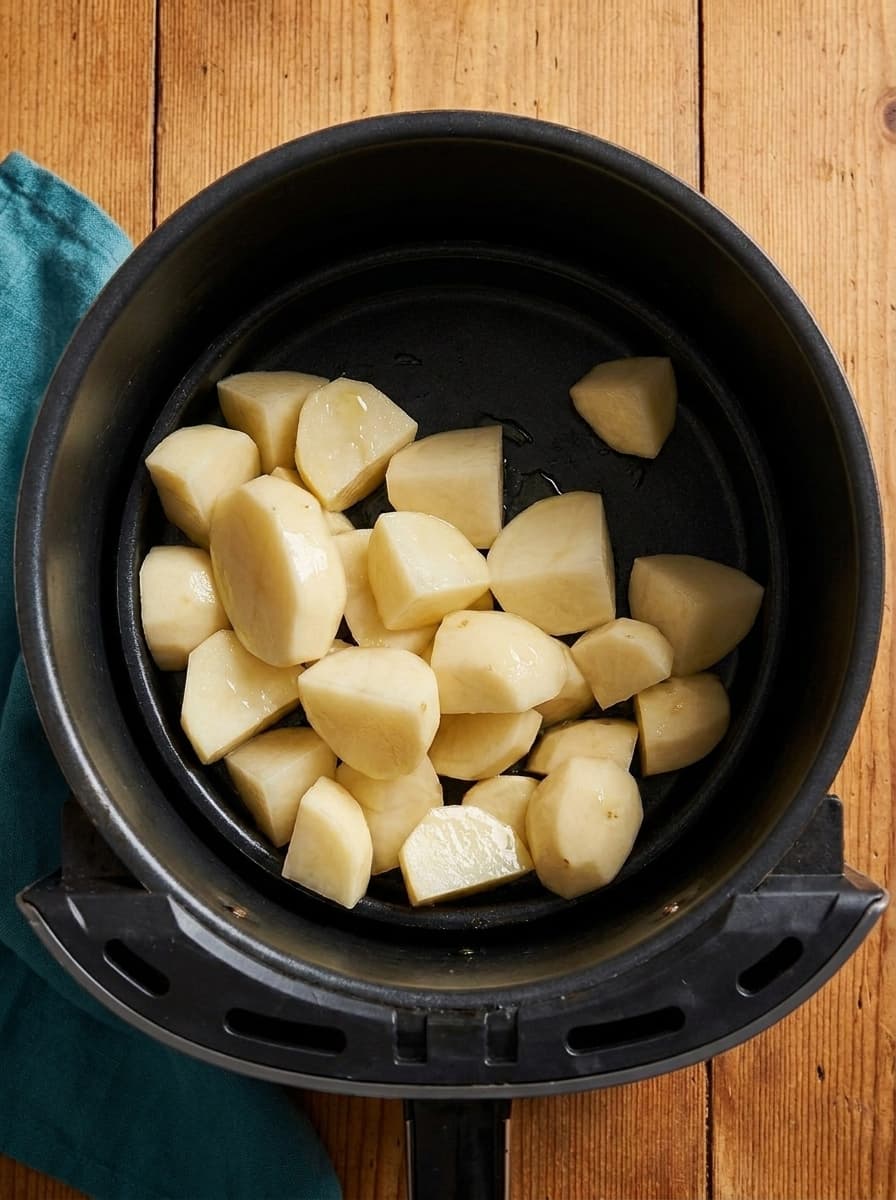 Raw potatoes arranged in the air fryer basket