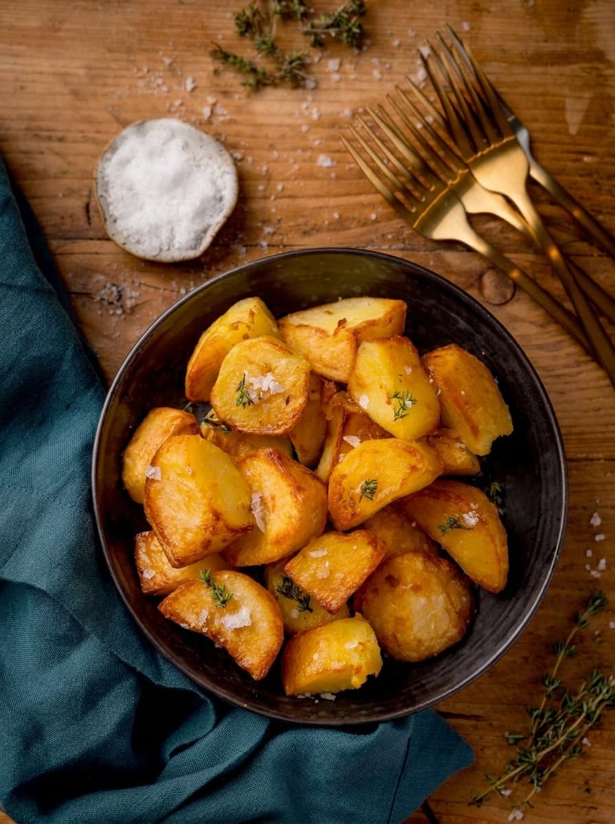 Air fryer roast potatoes styled table scene