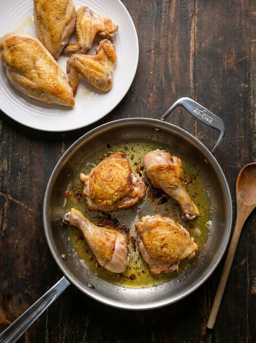Browning chicken pieces for cacciatore