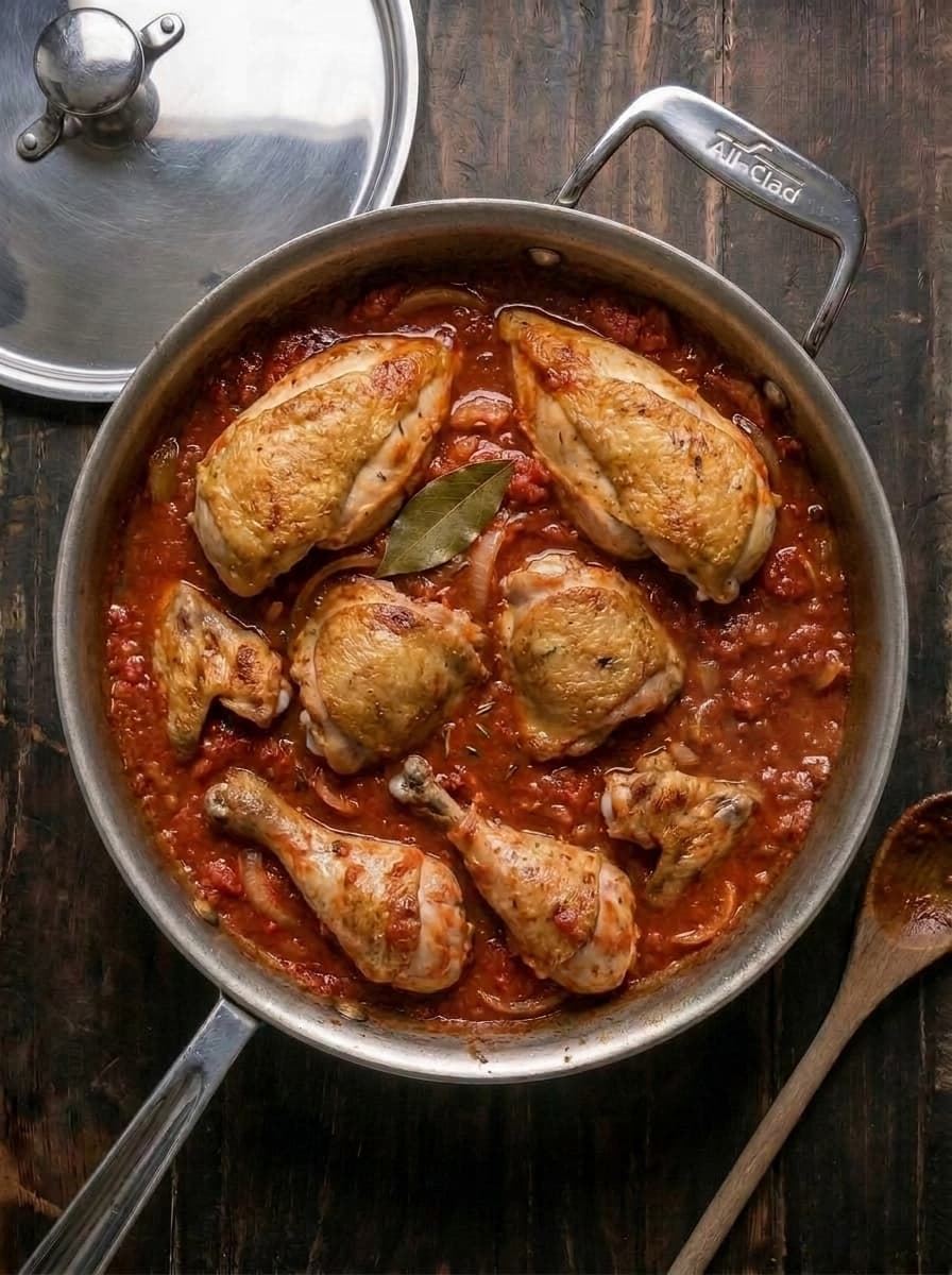 Chicken braising in cacciatore sauce