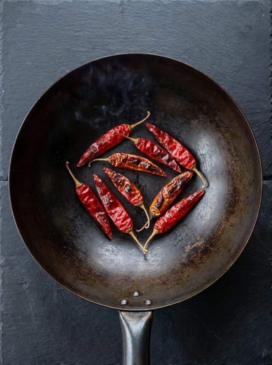 Toasting dried chillies for kung pao chicken