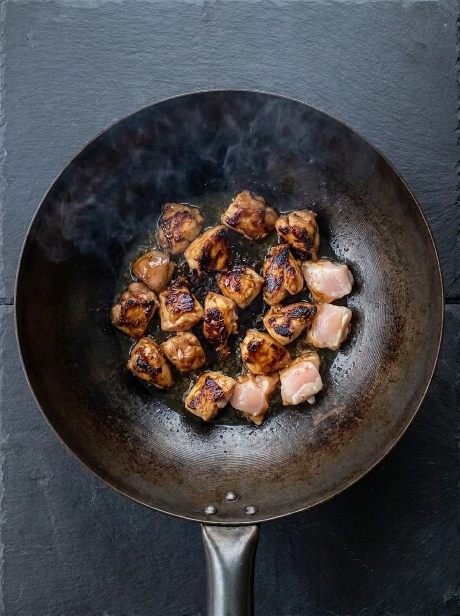 Frying chicken pieces for kung pao