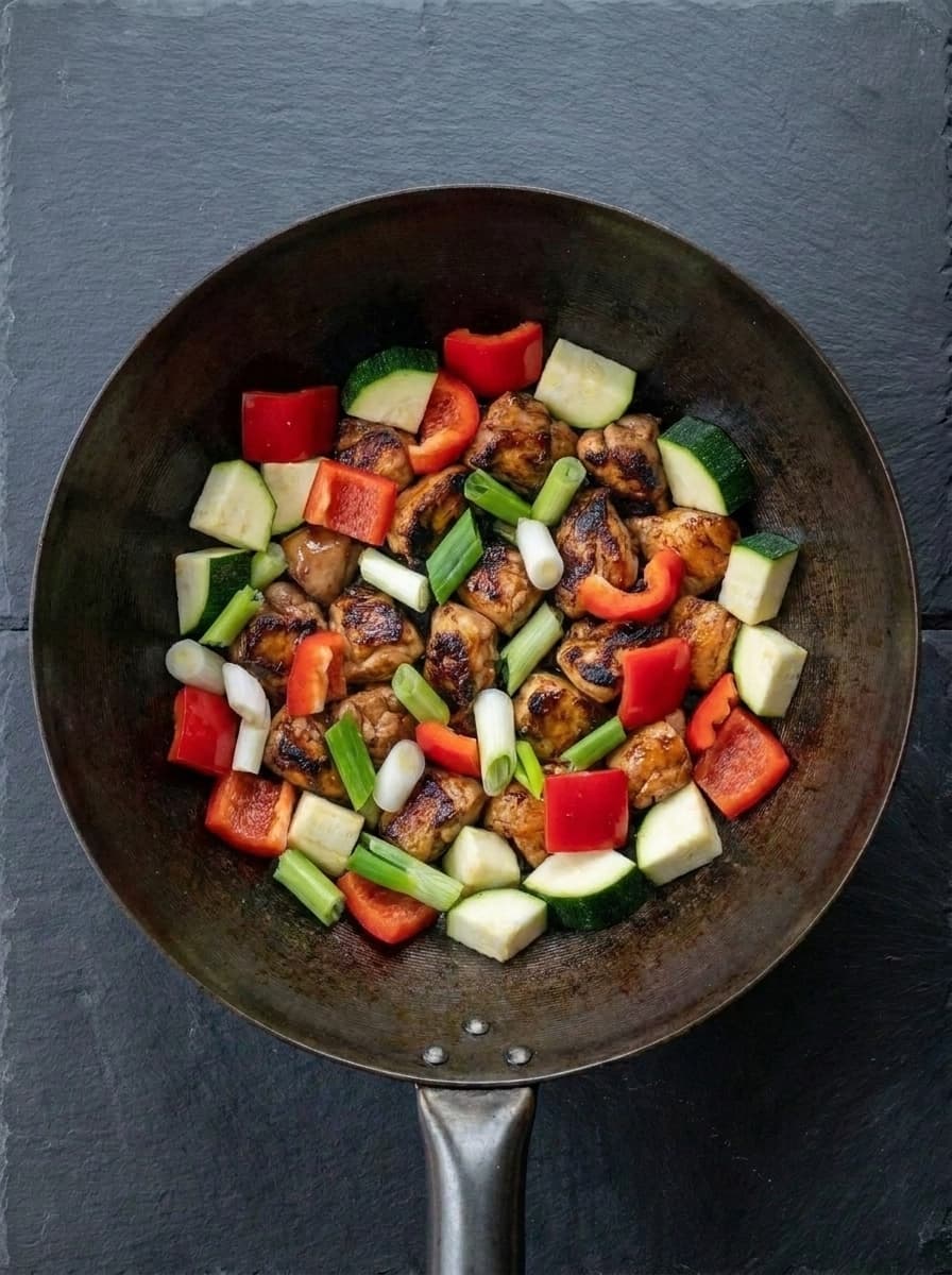 Adding vegetables to kung pao chicken