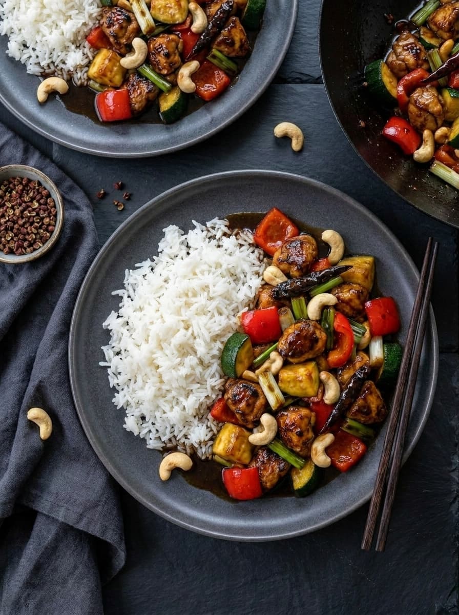 Kung pao chicken dinner scene with rice