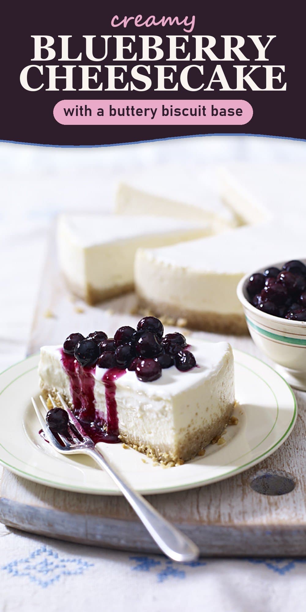 Pinterest pin for creamy blueberry cheesecake with a buttery biscuit base