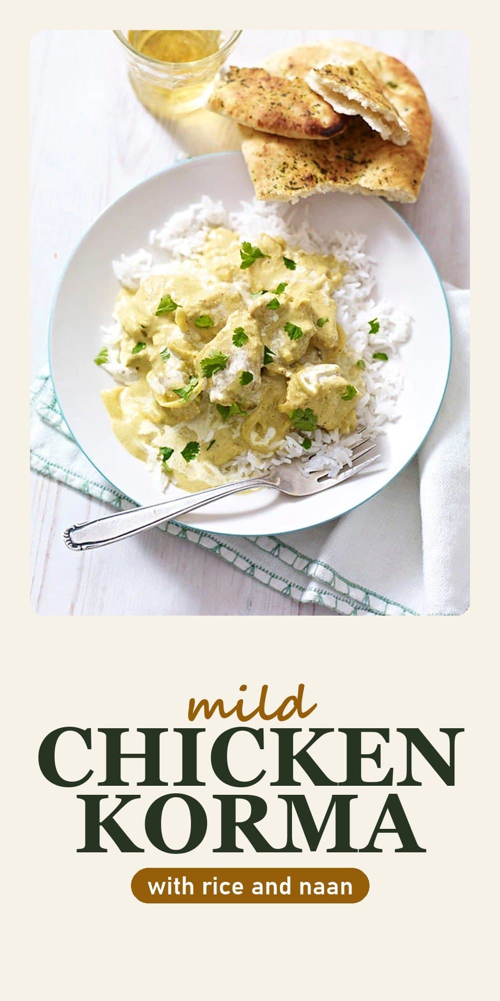 Pinterest pin for mild chicken korma with rice and naan