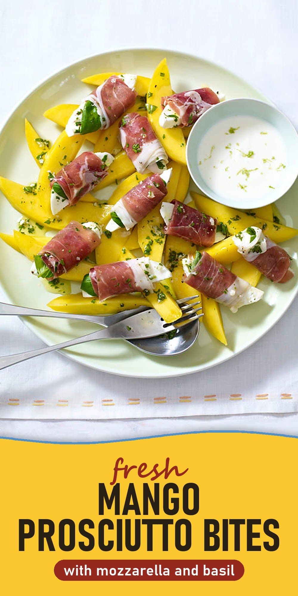 Pinterest pin for fresh mango prosciutto bites with mozzarella and basil