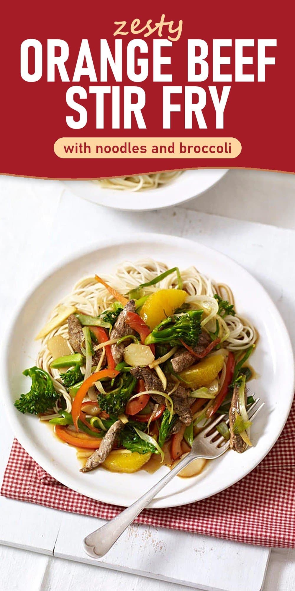 Pinterest pin for zesty orange beef stir fry with noodles and broccoli