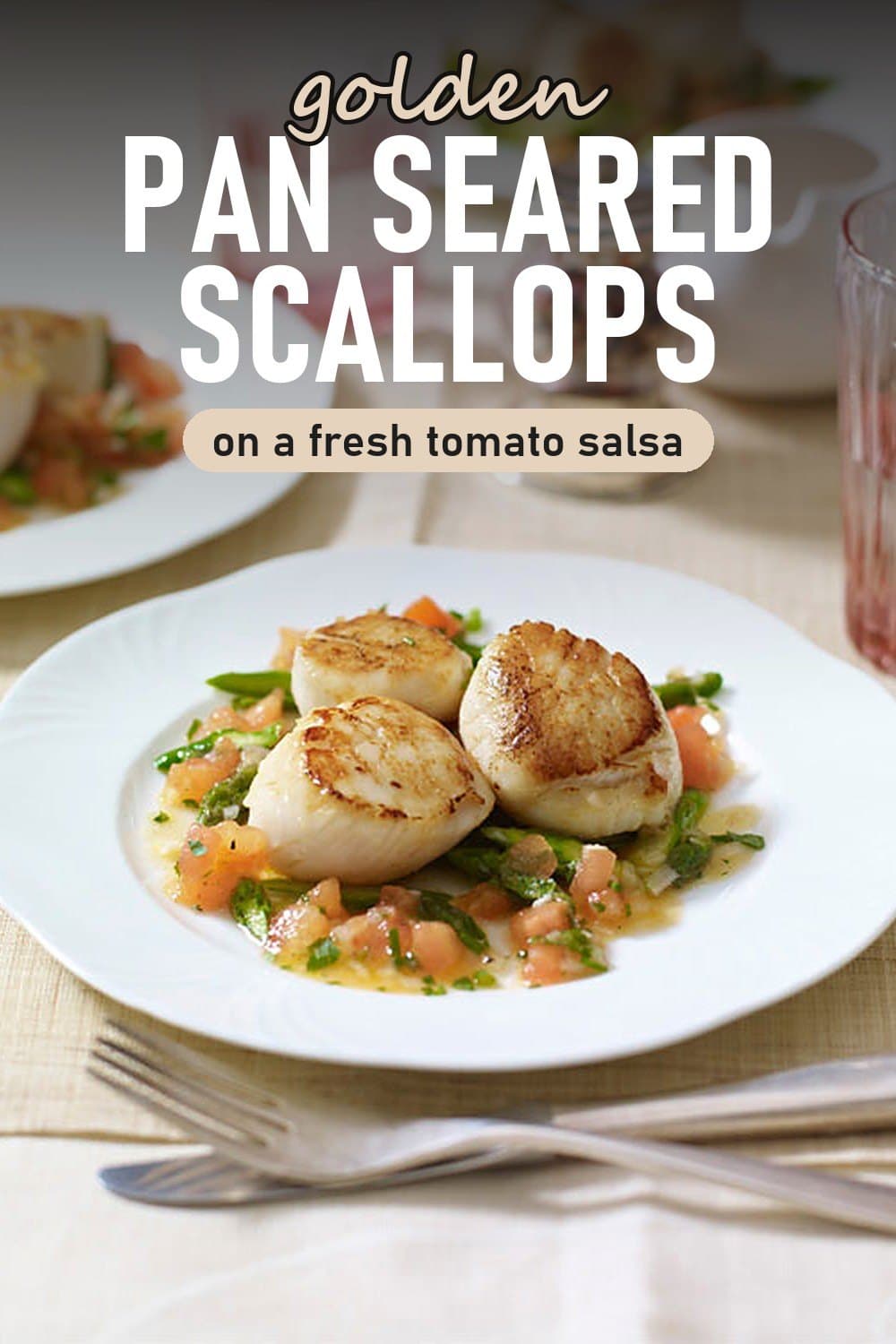 Pinterest pin for golden pan seared scallops on a fresh tomato salsa