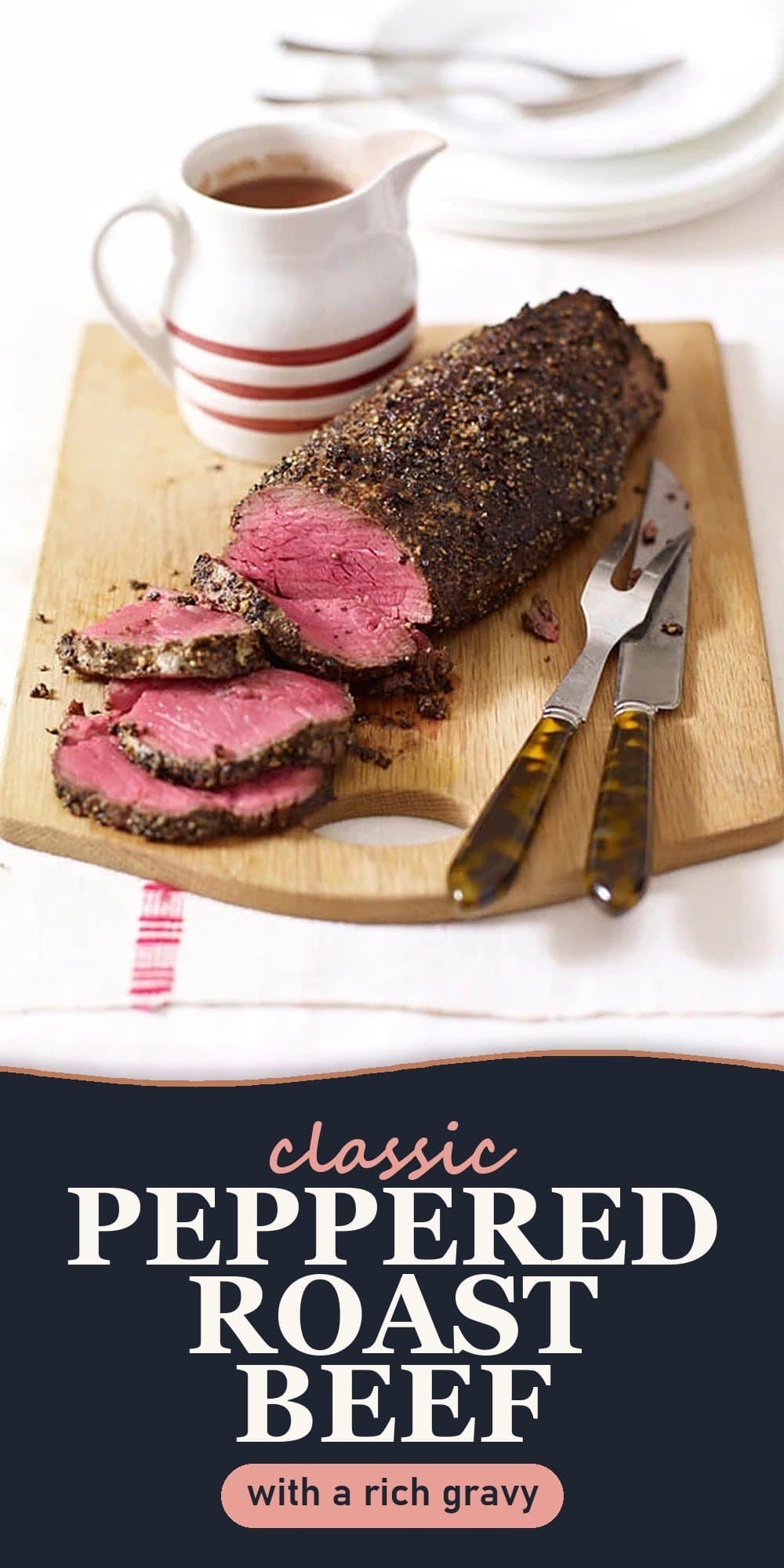 Pinterest pin for classic peppered roast beef with a rich gravy